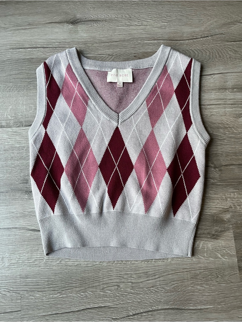 Pink and Gray Argyle Knit Vest